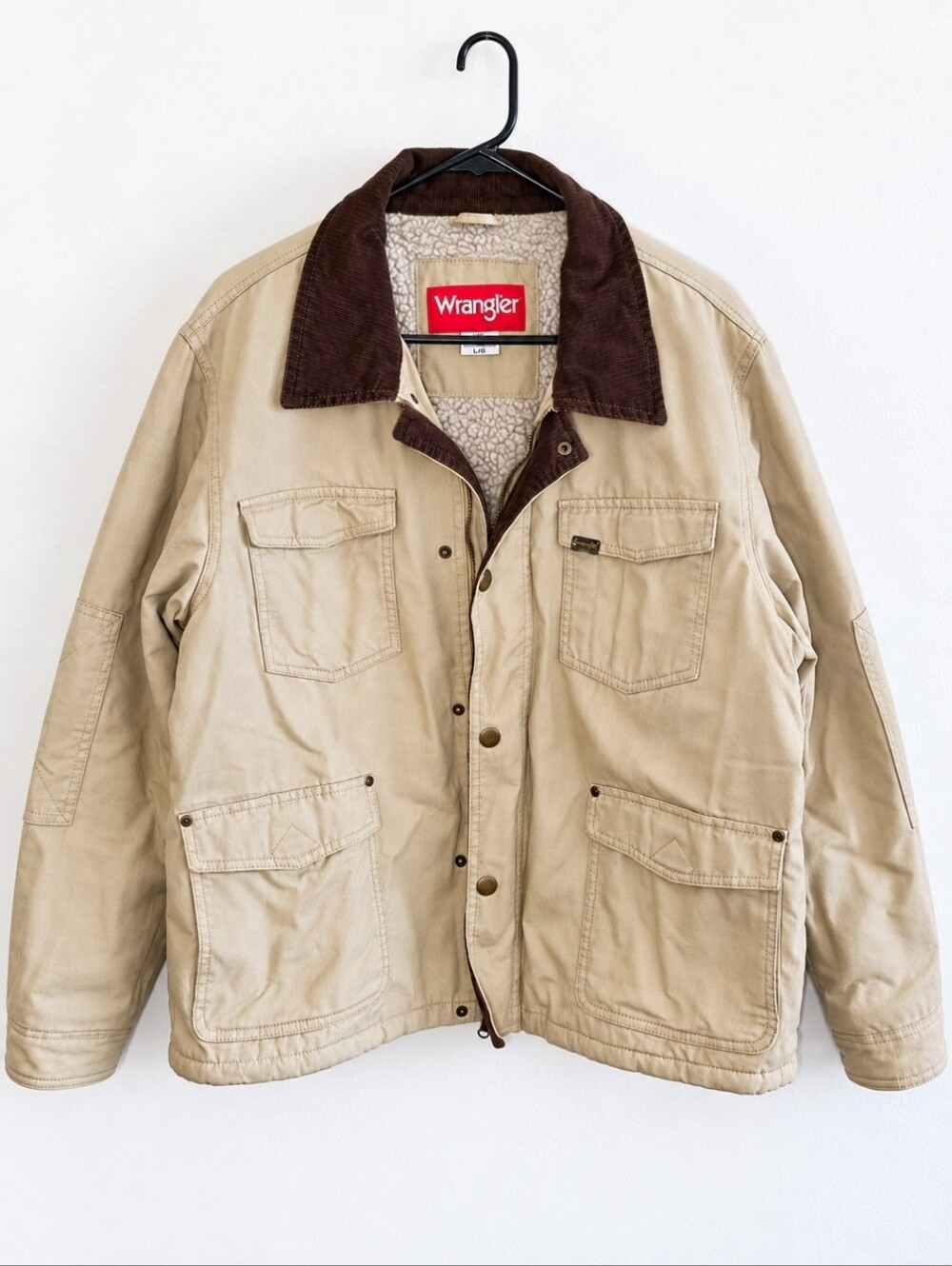 Wrangler Sherpa Chore Coat Men's L Tan Canvas Workwear Jacket Brown Collar Zipup